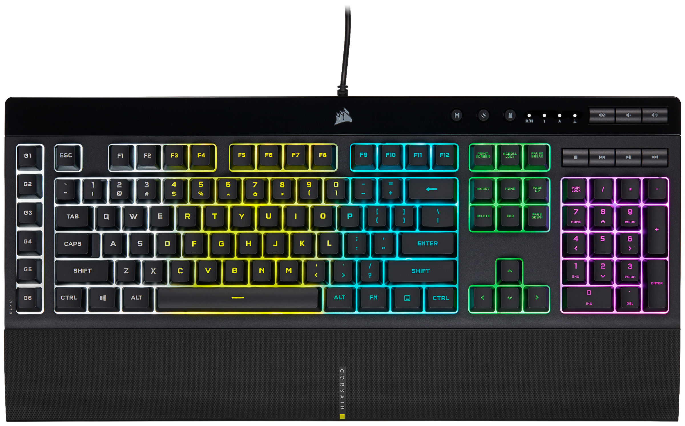 Czarna klawiatura do gier z wielokolorowym podświetleniem LED i kablem.