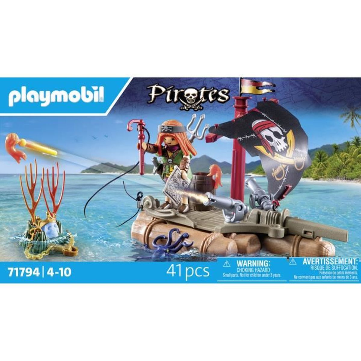 Zabawka Playmobil piracki statek na wodzie. Pirat z flagą czaszki.