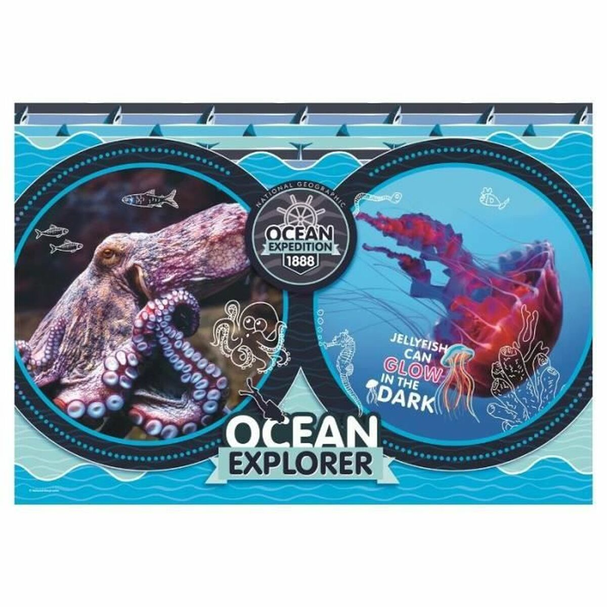 Rompecabezas con pulpo y medusas. Gráfico Ocean Explorer en el rompecabezas.