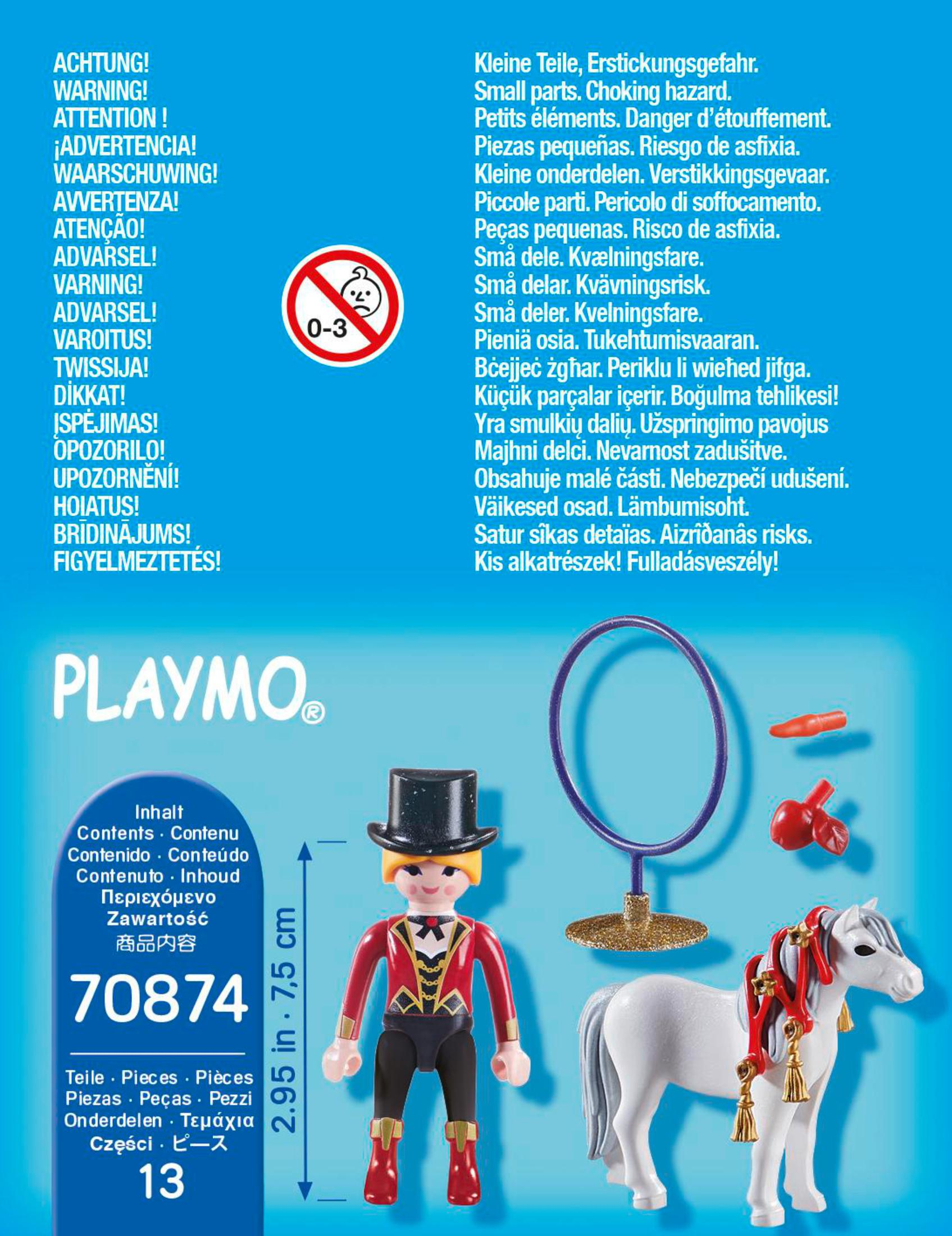 Zestaw cyrkowy Playmobil z obręczą, treserem, koniem i akcesoriami.