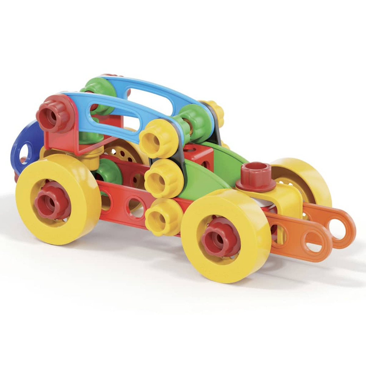 Kolorowy samochodzik z plastikowych elementów. Koła są żółte. Białe tło.