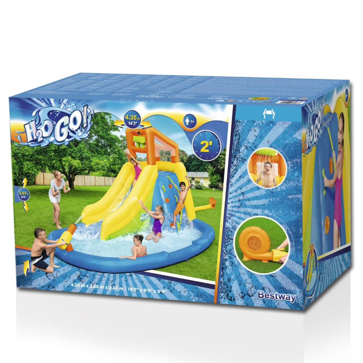 Pudełko parku wodnego H2OGO. Pokazuje dzieci bawiące się na zjeżdżalni z pistoletami na wodę i dmuchawą.