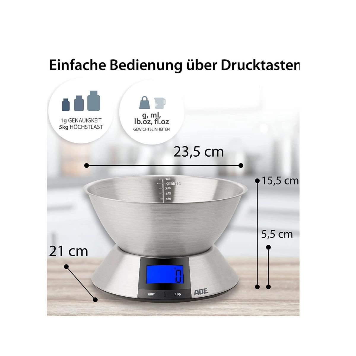 Srebrna waga kuchenna z niebieskim wyświetlaczem cyfrowym. Mierzy wagę. Miska i podstawa ze stali nierdzewnej.