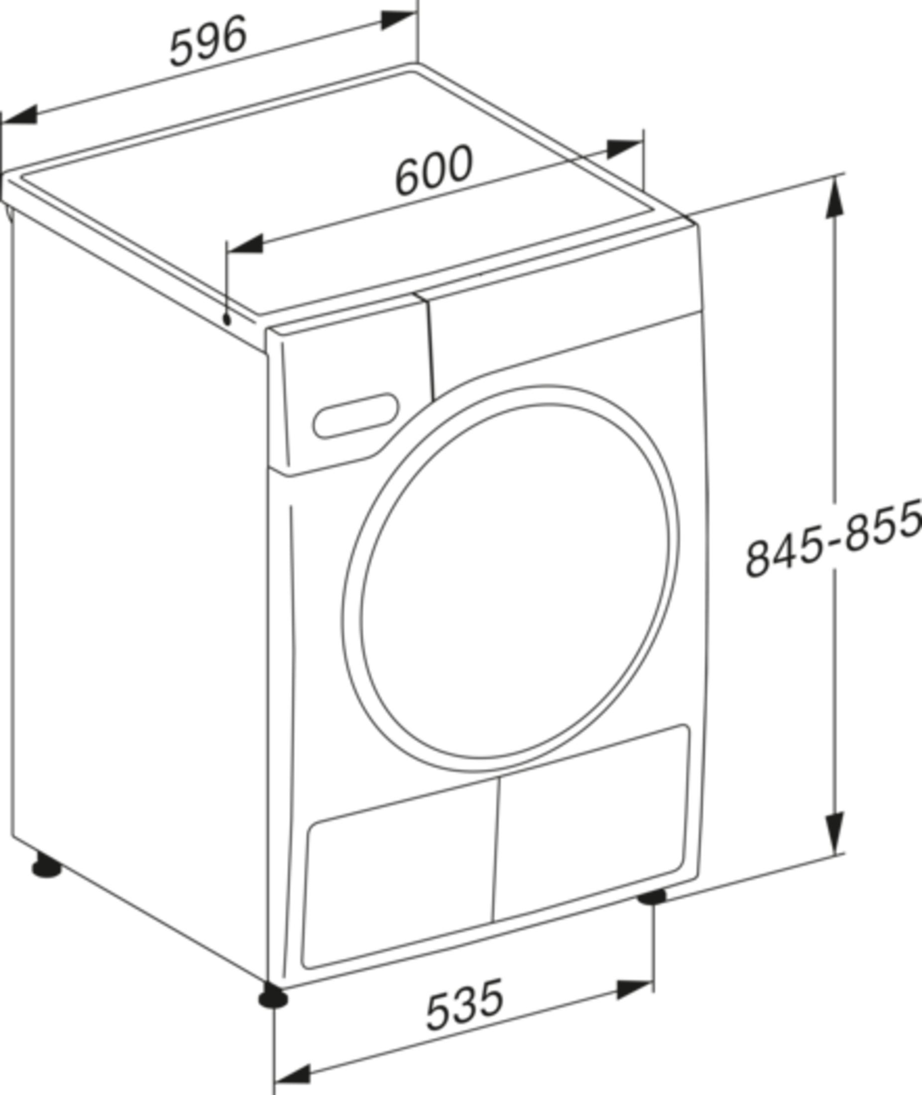 Diagramm eines Trockners mit Abmessungen. Zeigt Höhe, Breite und Tiefe des Geräts.