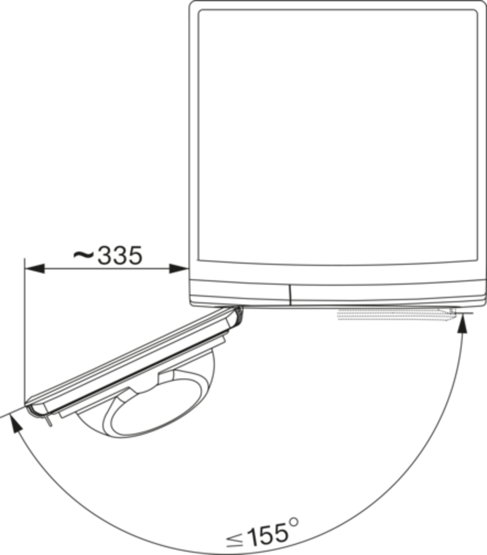 Diagramm, das den Türöffnungswinkel eines Trockners zeigt. Der Winkel beträgt ca. 155 Grad.