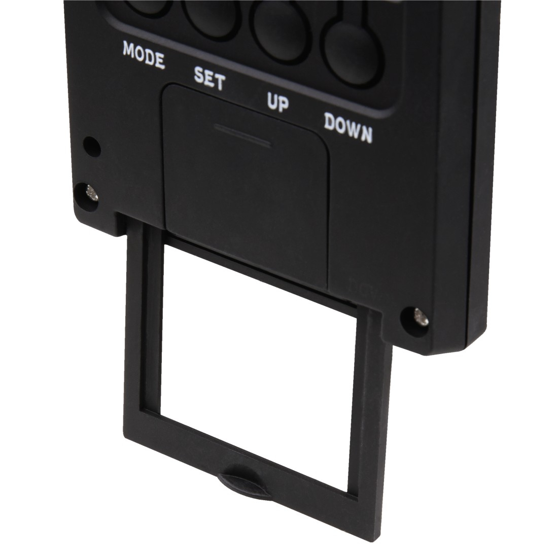 Czarne urządzenie z ekranem i przyciskami. Ekran jest pusty, a szuflada otwarta.