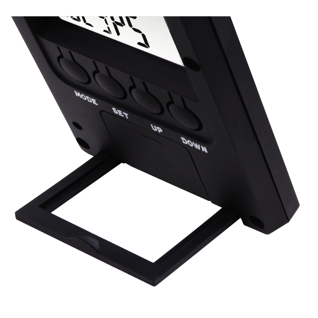 Zbliżenie czarnego zegara cyfrowego. Widoczne są przyciski trybu, ustawiania, góra i dół.