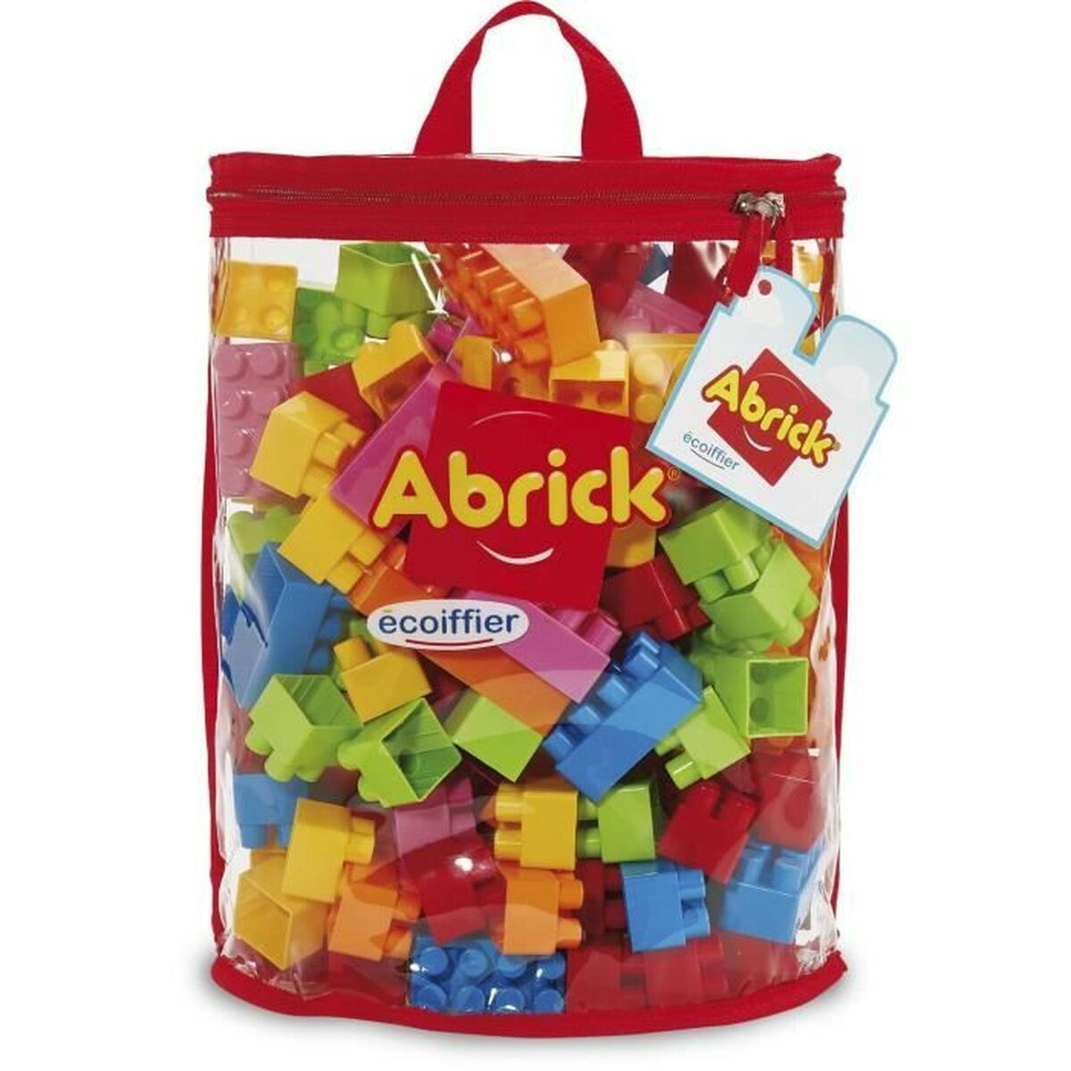 Un sacco di mattoncini colorati con coperchio rosso e un'etichetta.