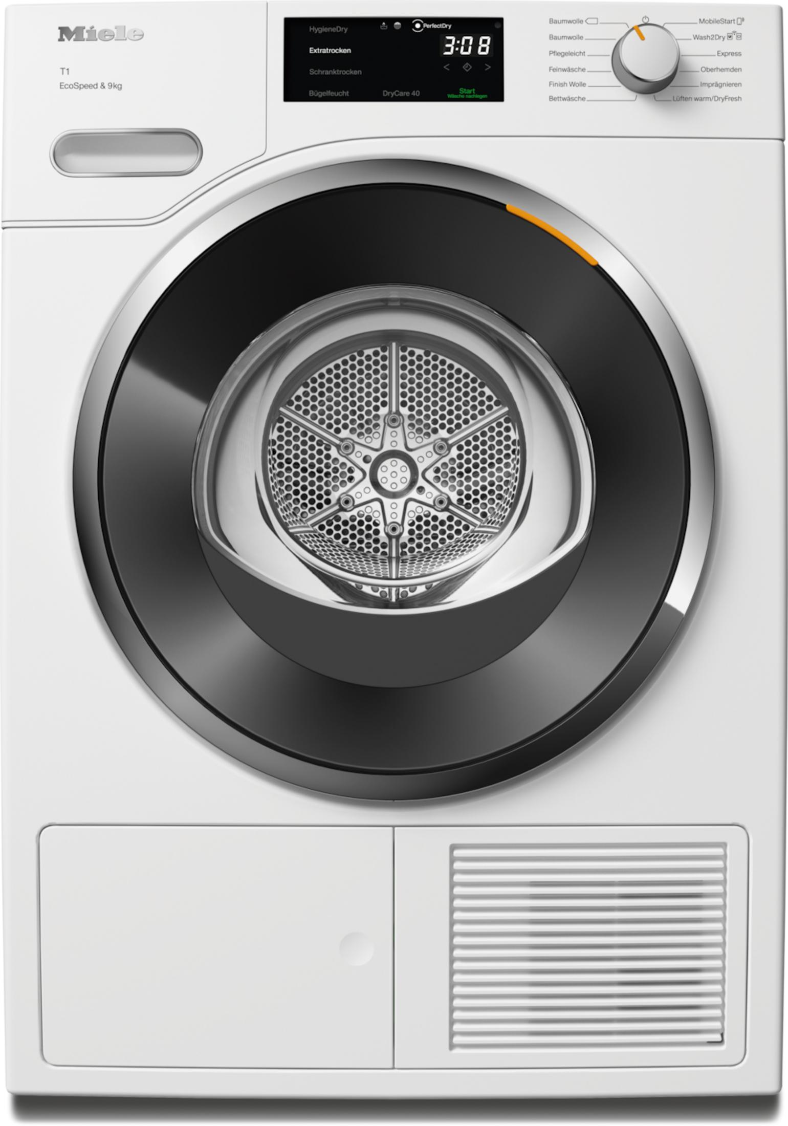 Sèche-linge Miele blanc avec porte noire et argentée. Montre un sèche-linge blanc avec des détails noirs et argentés.