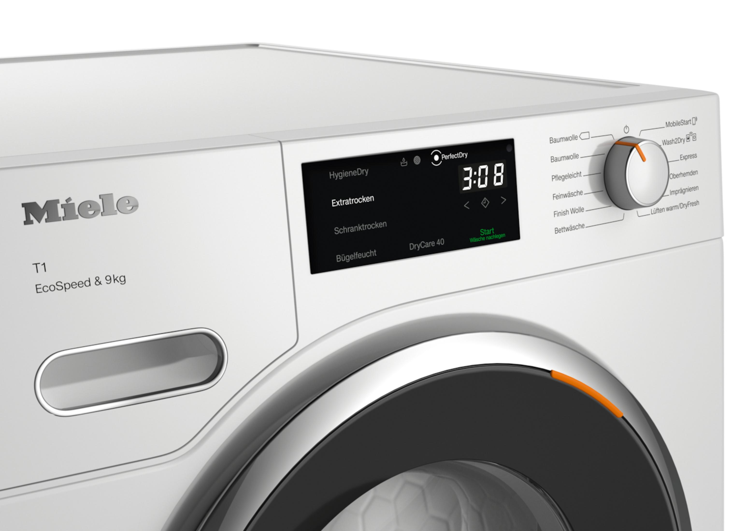 Lave-linge Miele blanc avec affichage numérique. Un cadran pour sélectionner les programmes est visible.