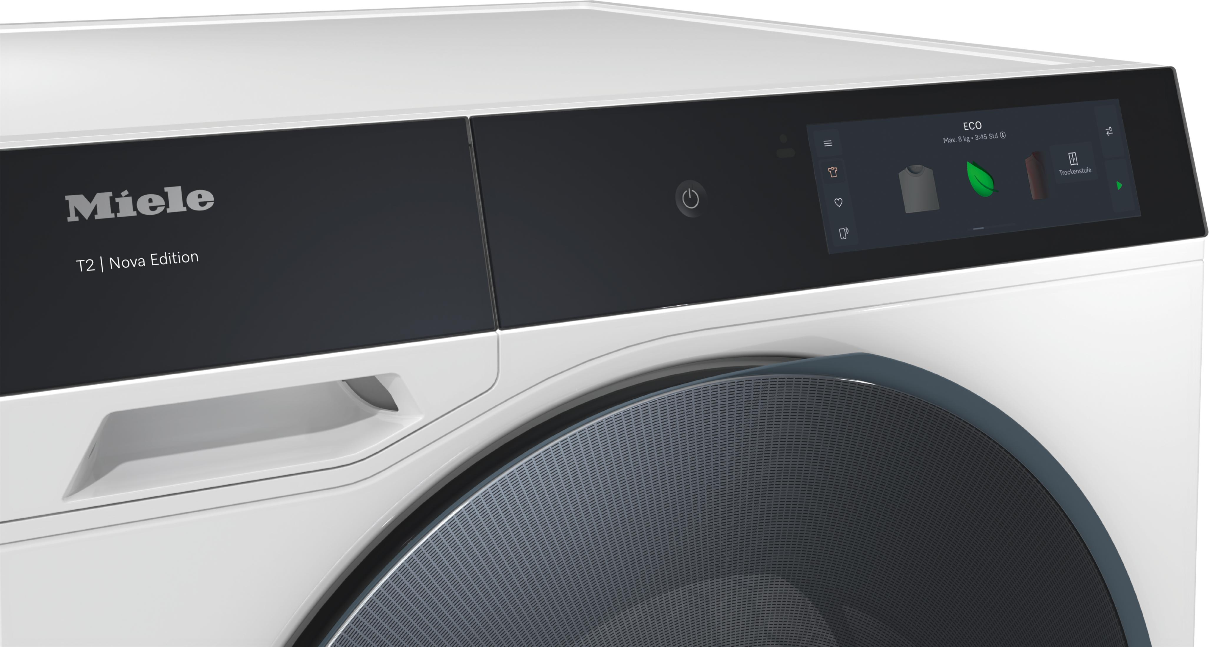 Primo piano del pannello di controllo di un'asciugatrice Miele bianca con un display digitale che mostra le impostazioni eco.
