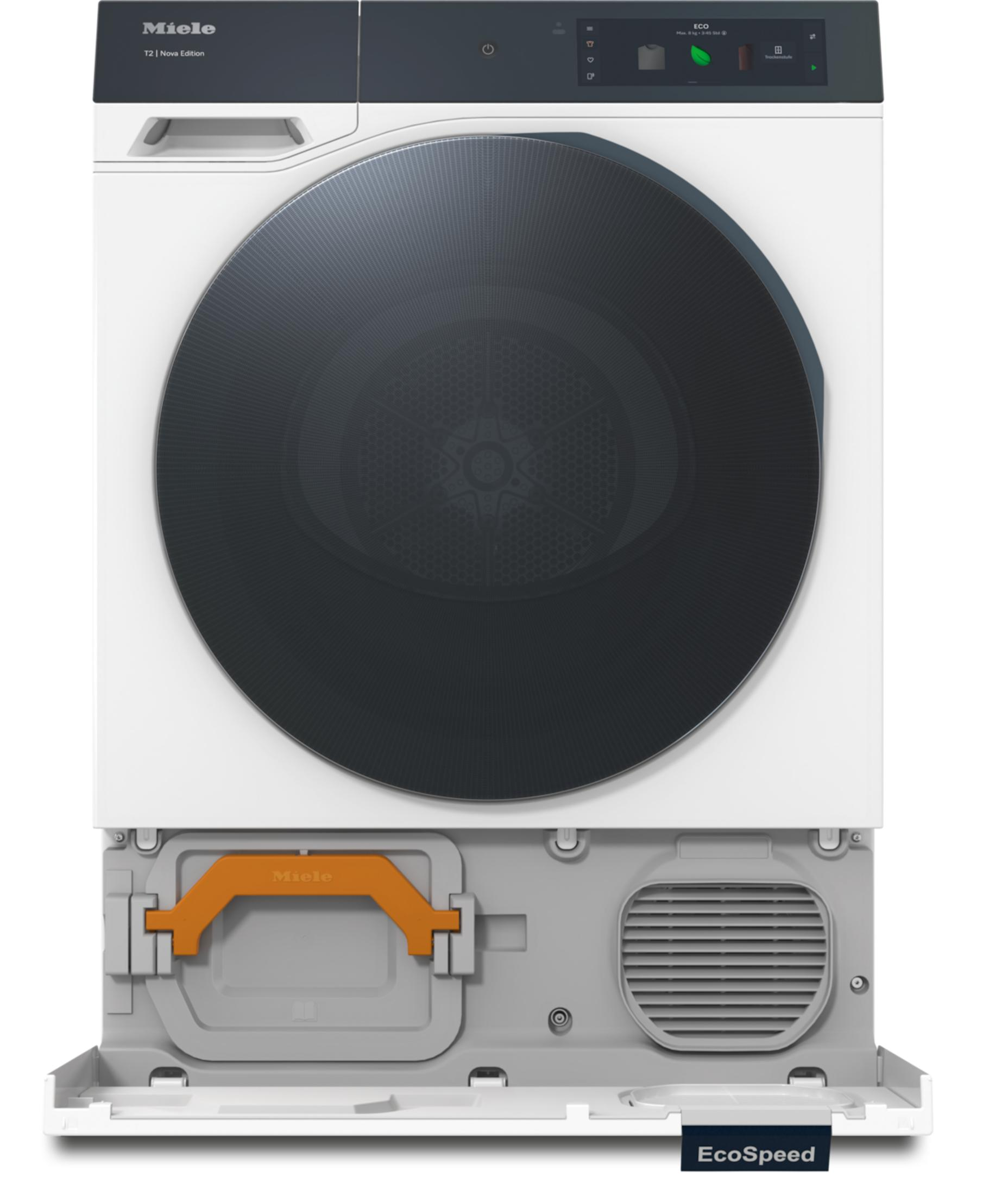 Lavatrice Miele T2 Nova Edition con pannello inferiore aperto ed etichetta EcoSpeed.