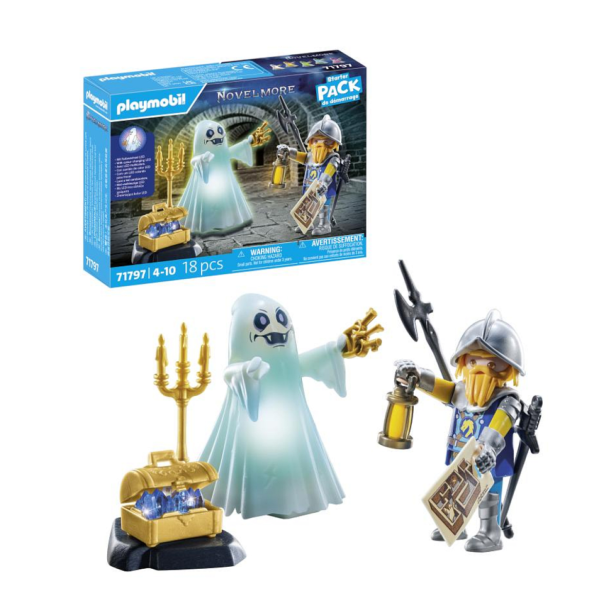 Zestaw Playmobil Novelmore. Zawiera figurkę ducha, figurkę rycerza, skrzynię ze skarbami i pudełko ze zdjęciem zestawu.