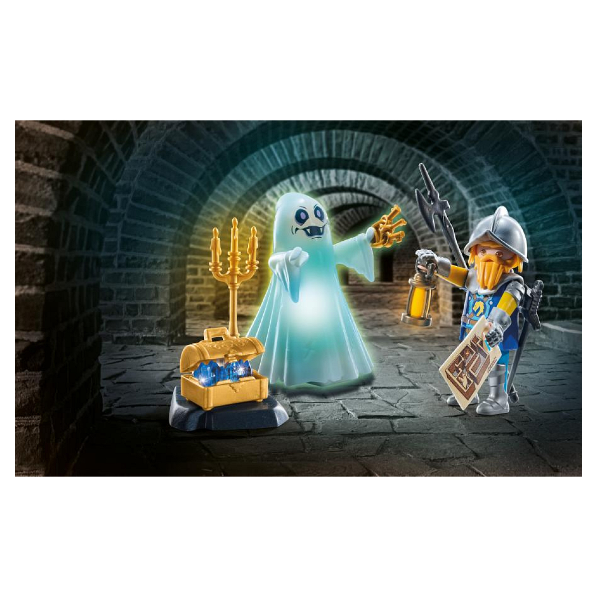 Scena Playmobil Novelmore. Zawiera figurkę ducha, rycerza, skrzynię ze skarbami i tło lochu.
