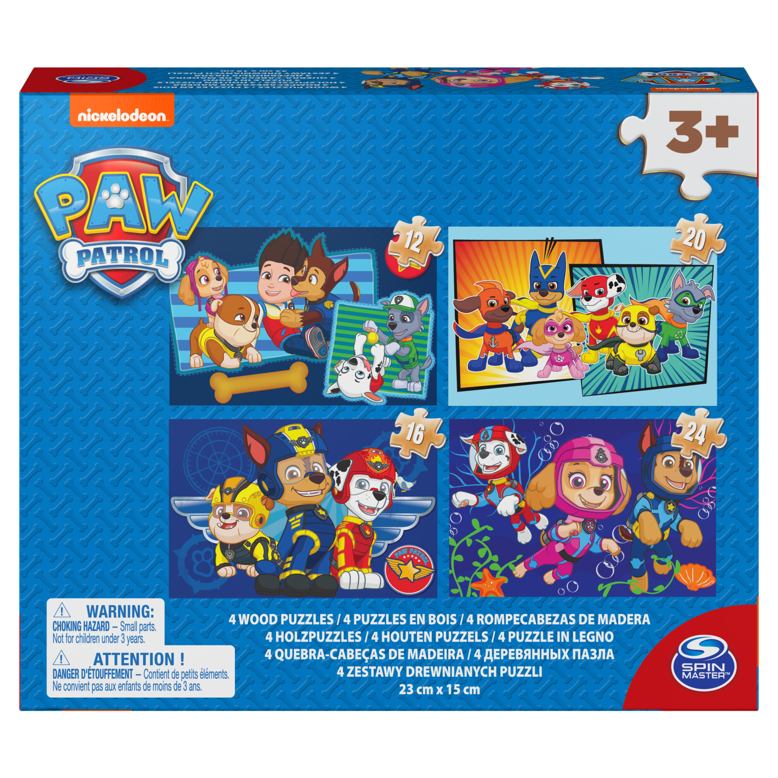 Juego de rompecabezas en caja con personajes de Paw Patrol, con múltiples rompecabezas y diferentes conteos de piezas.