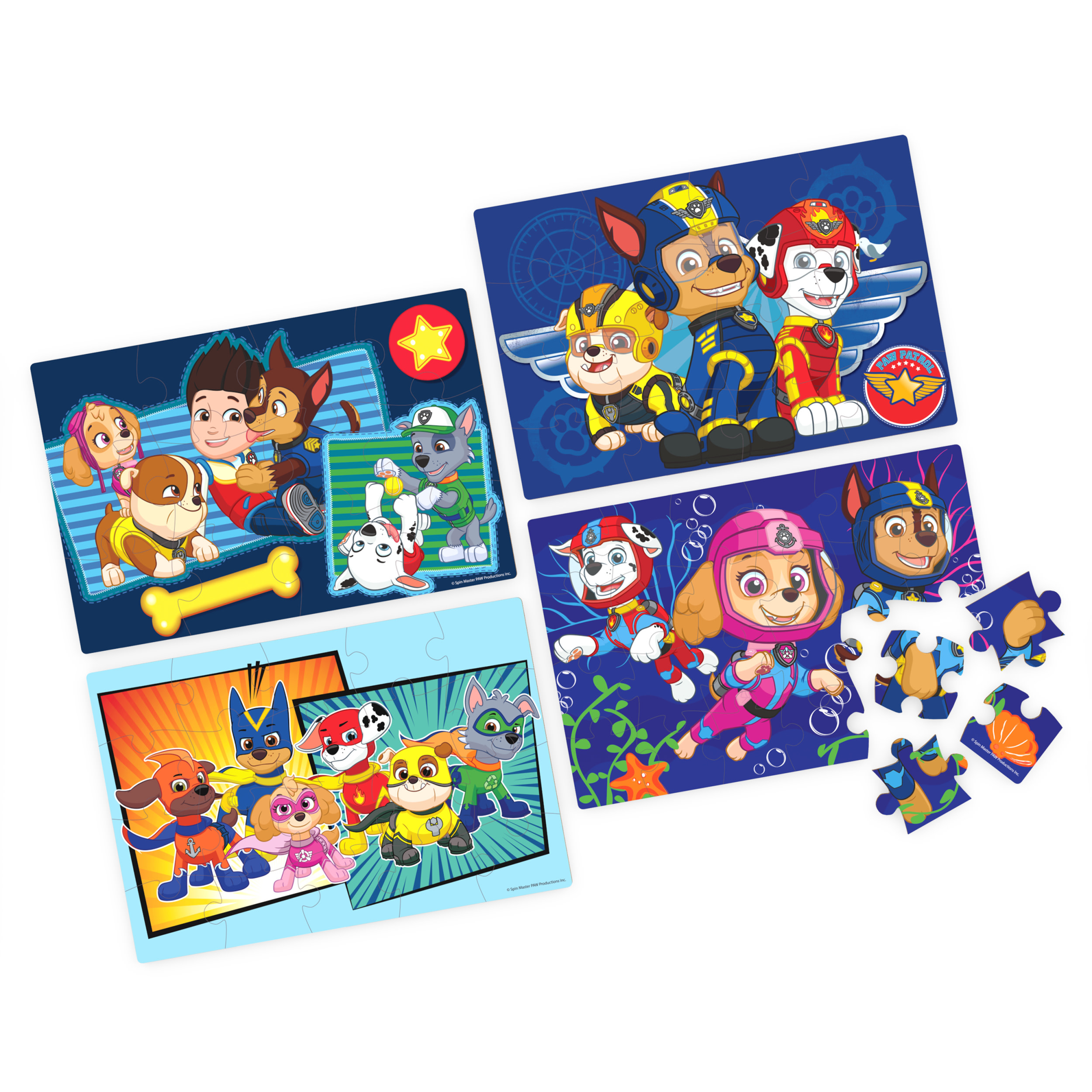 Cuatro rompecabezas de Paw Patrol con diferentes escenas y personajes. Los rompecabezas están parcialmente ensamblados.