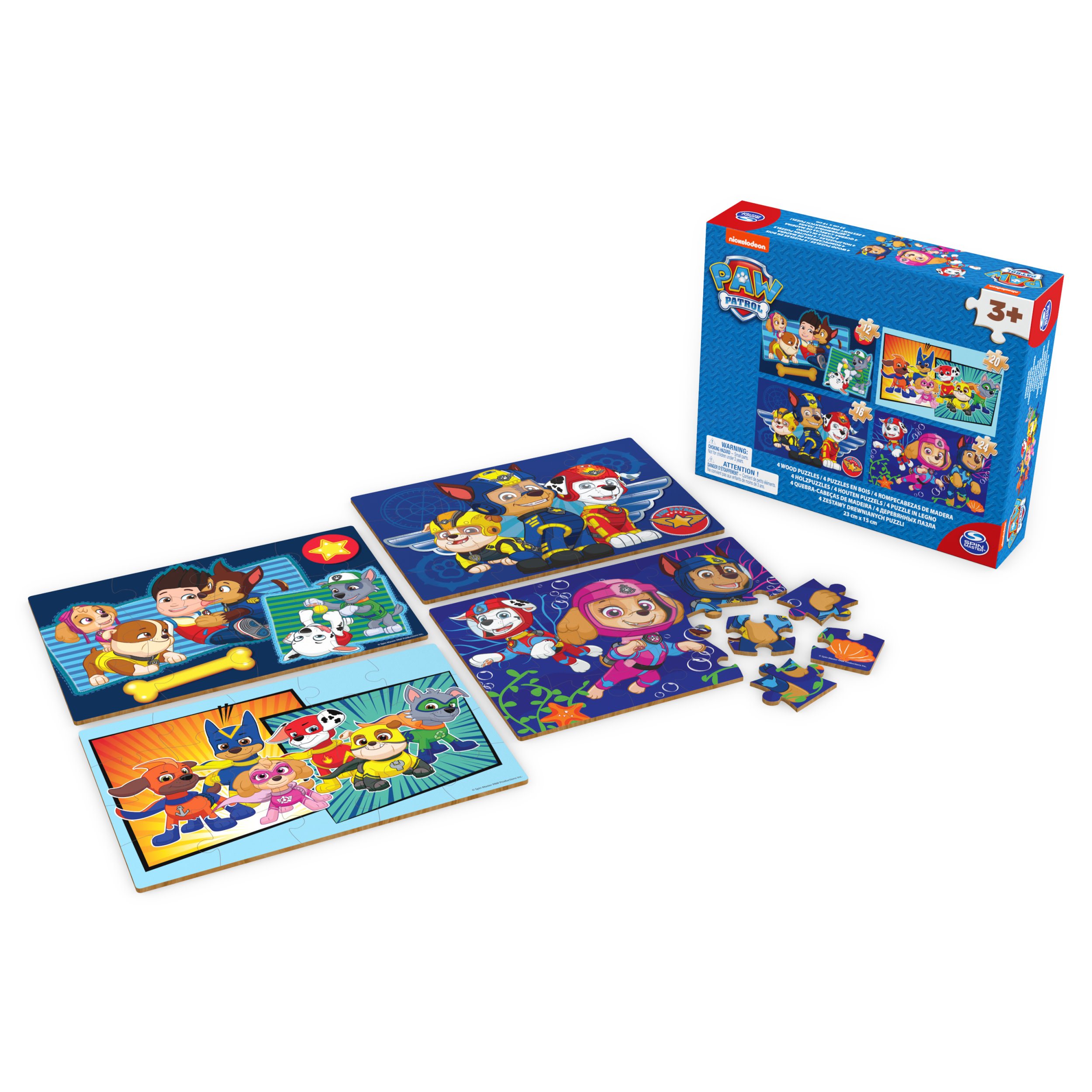 Juego de rompecabezas con personajes de Paw Patrol, con múltiples rompecabezas y diferentes conteos de piezas.