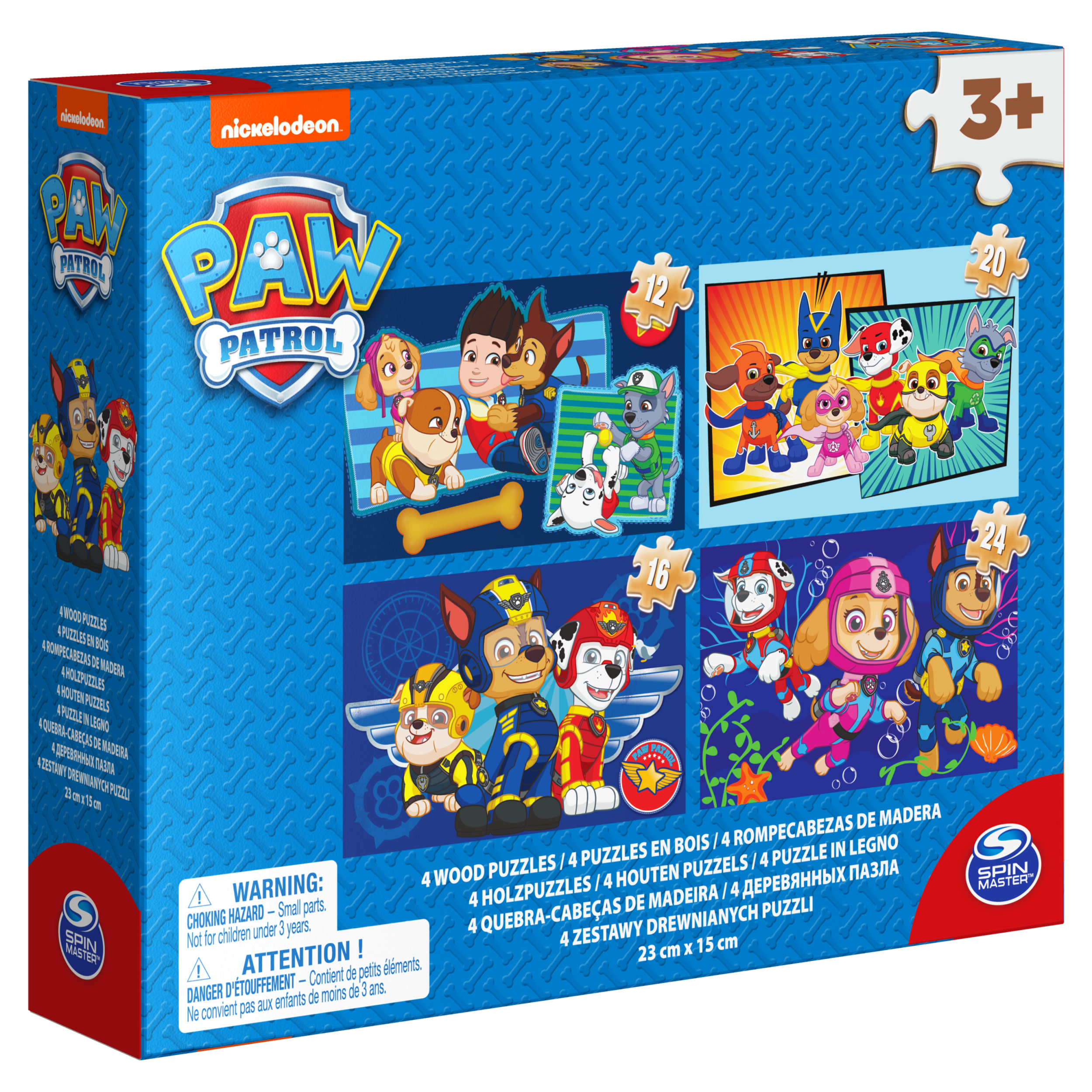 Una caja de rompecabezas de Paw Patrol muestra personajes de dibujos animados en diferentes escenas.