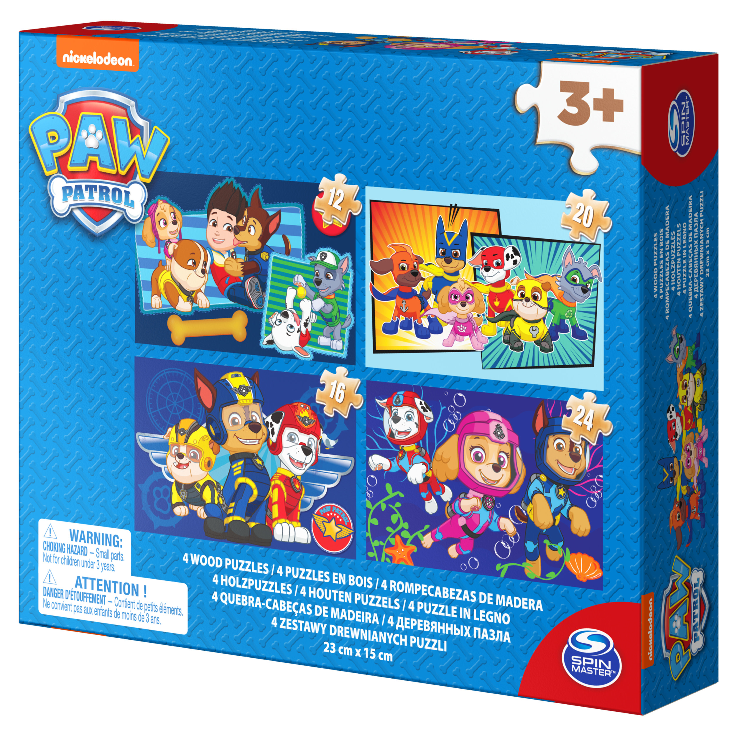 Juego de rompecabezas en caja con personajes de Paw Patrol, con múltiples rompecabezas y diferentes conteos de piezas.