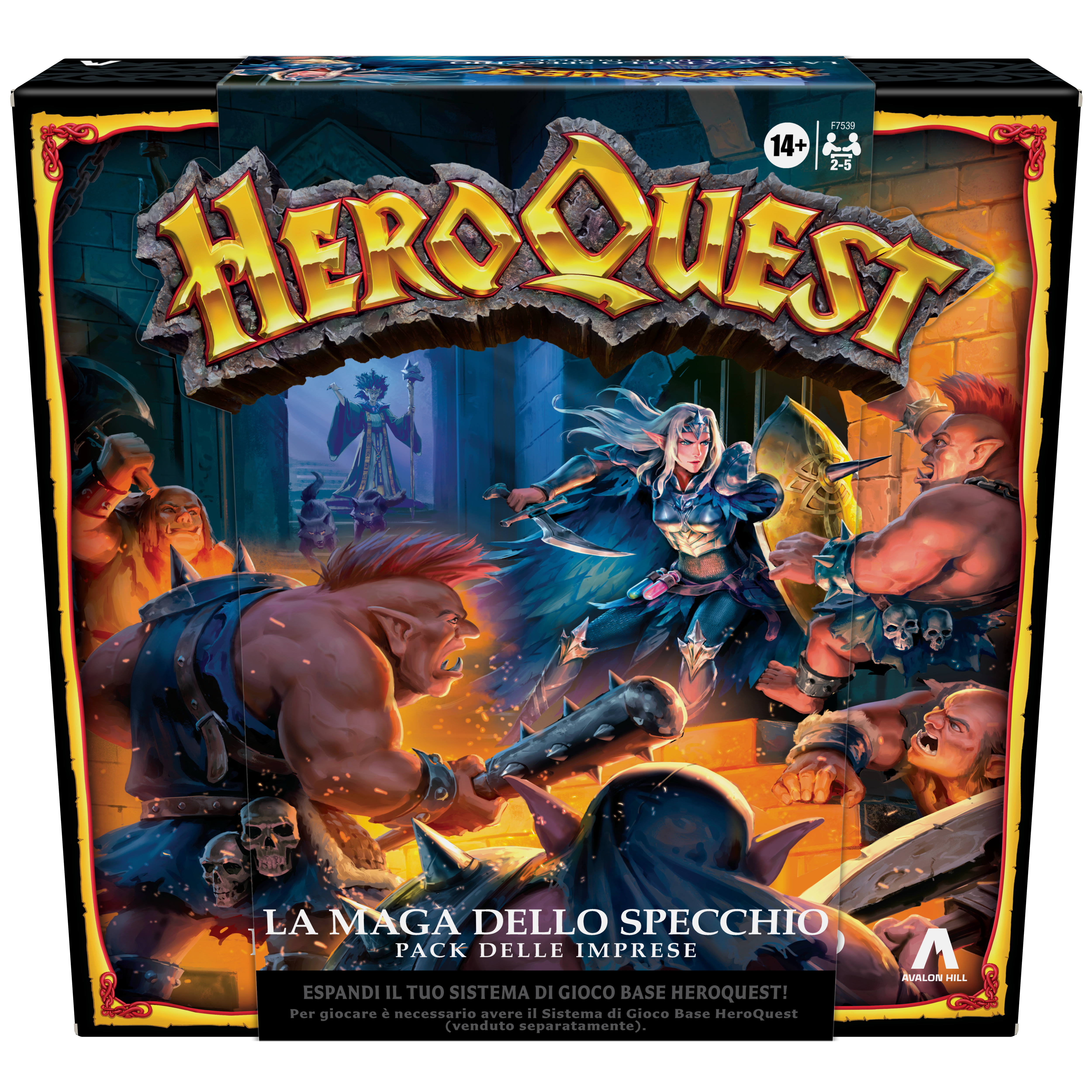 Pudełko gry planszowej z grafiką fantasy. Pudełko zatytułowane "HeroQuest".