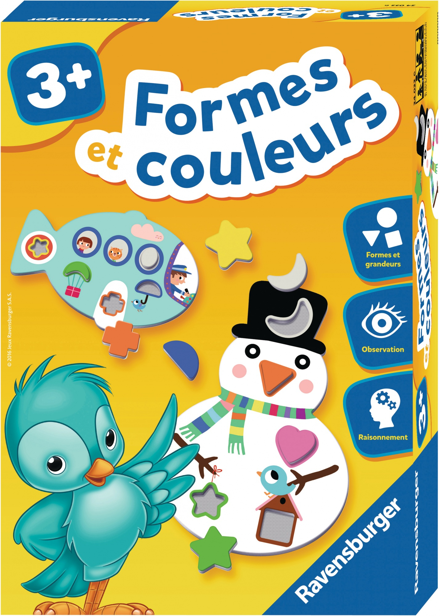 Scatola di un gioco di puzzle Ravensburger intitolato 'Formes et couleurs' con un pupazzo di neve e un pesce.