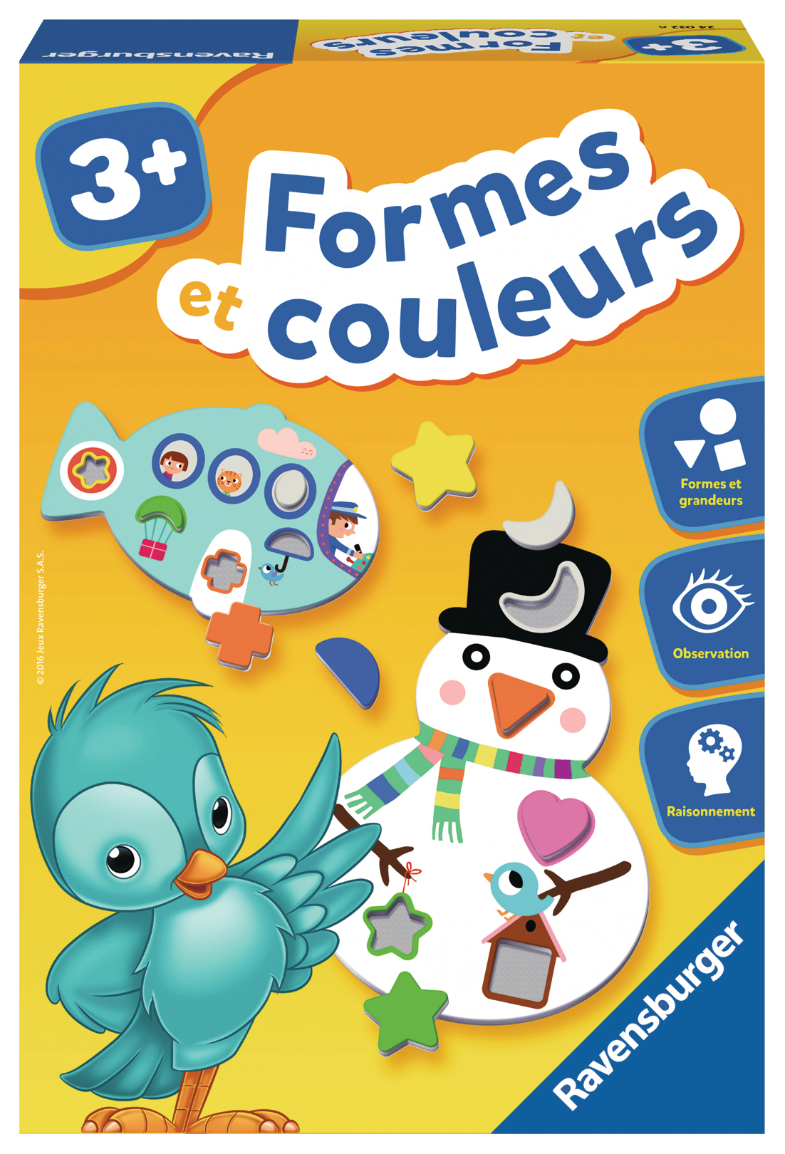 Scatola di un gioco di puzzle Ravensburger con uccello, pupazzo di neve e pezzi.