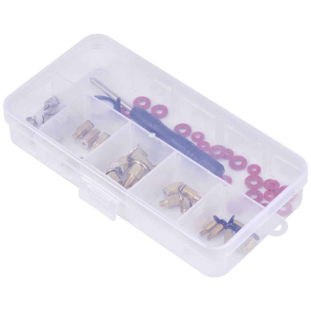 Transparente Kunststoffbox mit Fächern, die verschiedene kleine Werkzeuge und rote O-Ringe enthält.