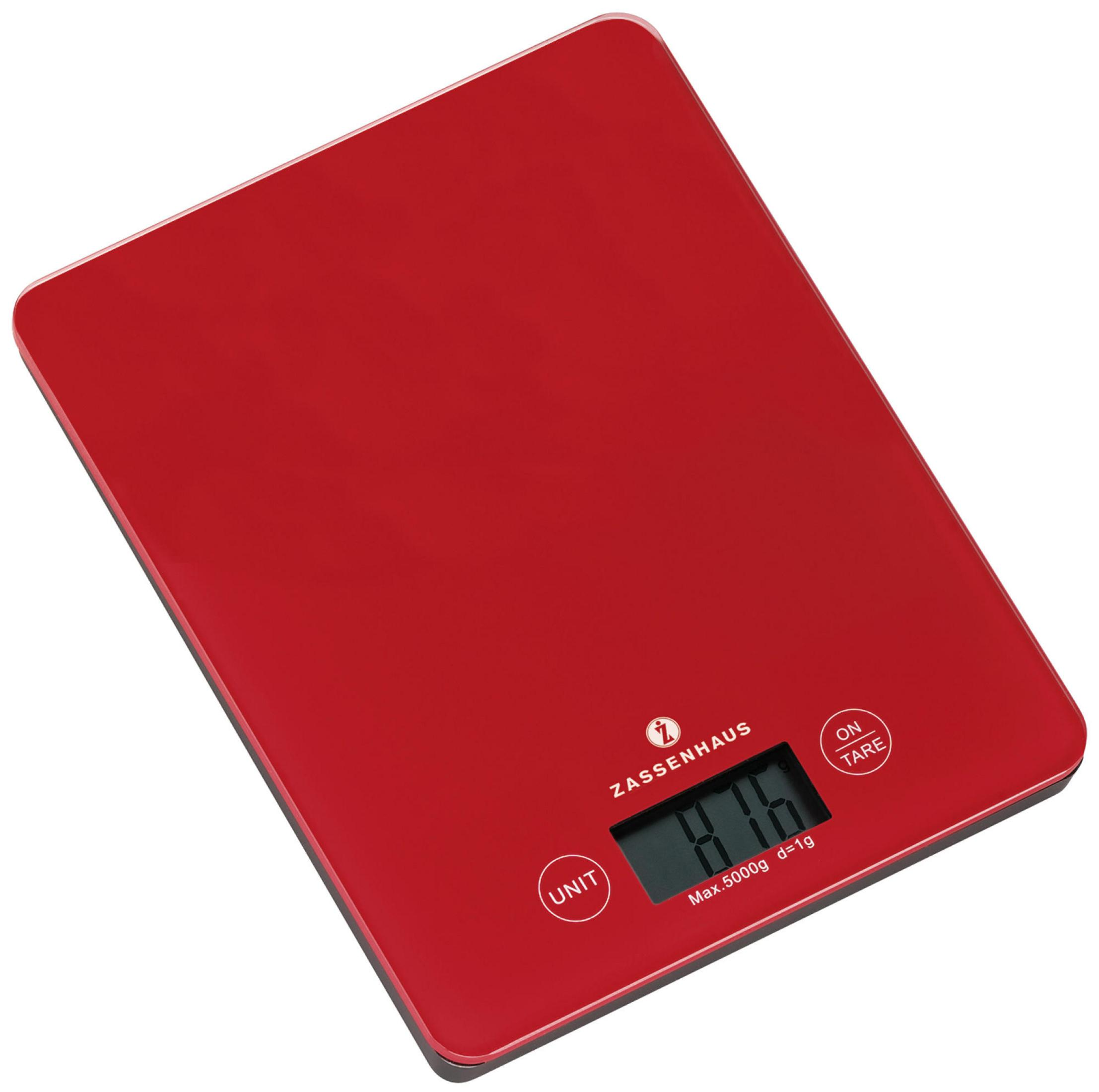 Czerwona cyfrowa waga kuchenna z wyświetlaczem pokazującym wagę 8,16 i dwoma przyciskami.