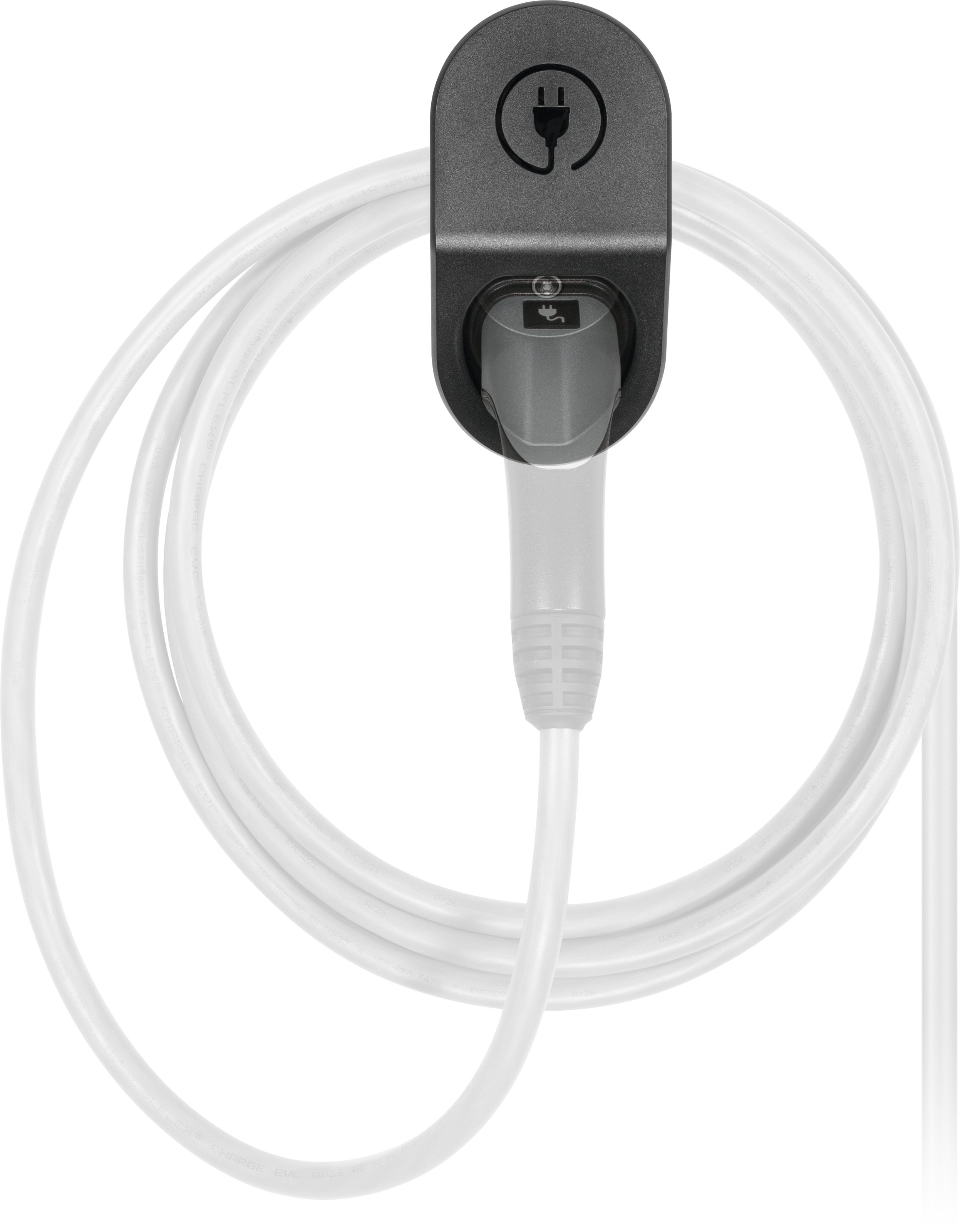 Ładowarka do samochodu elektrycznego z białym kablem, podłączona do ściany.