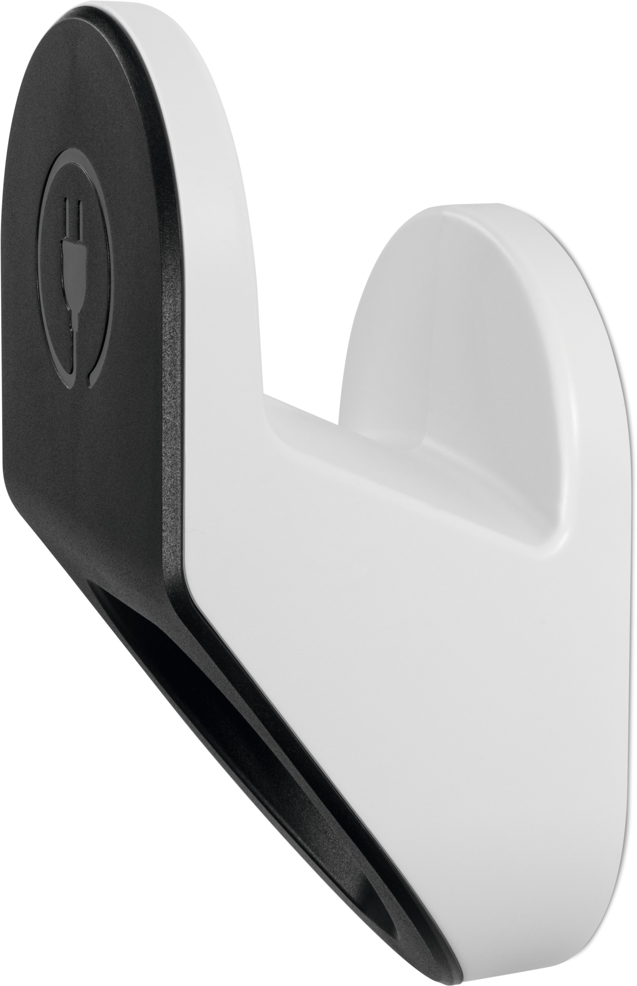 Biało-czarna stacja ładująca, o zakrzywionym kształcie i symbolem ładowania z boku.