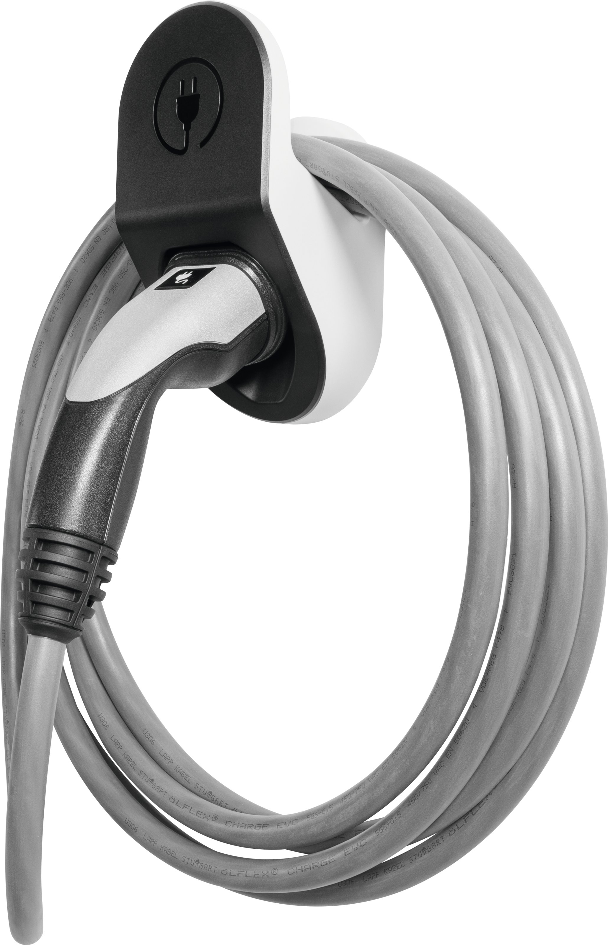 Szary kabel ładowarki EV owinięty wokół biało-czarnego uchwytu ładowarki, gotowy do użycia.