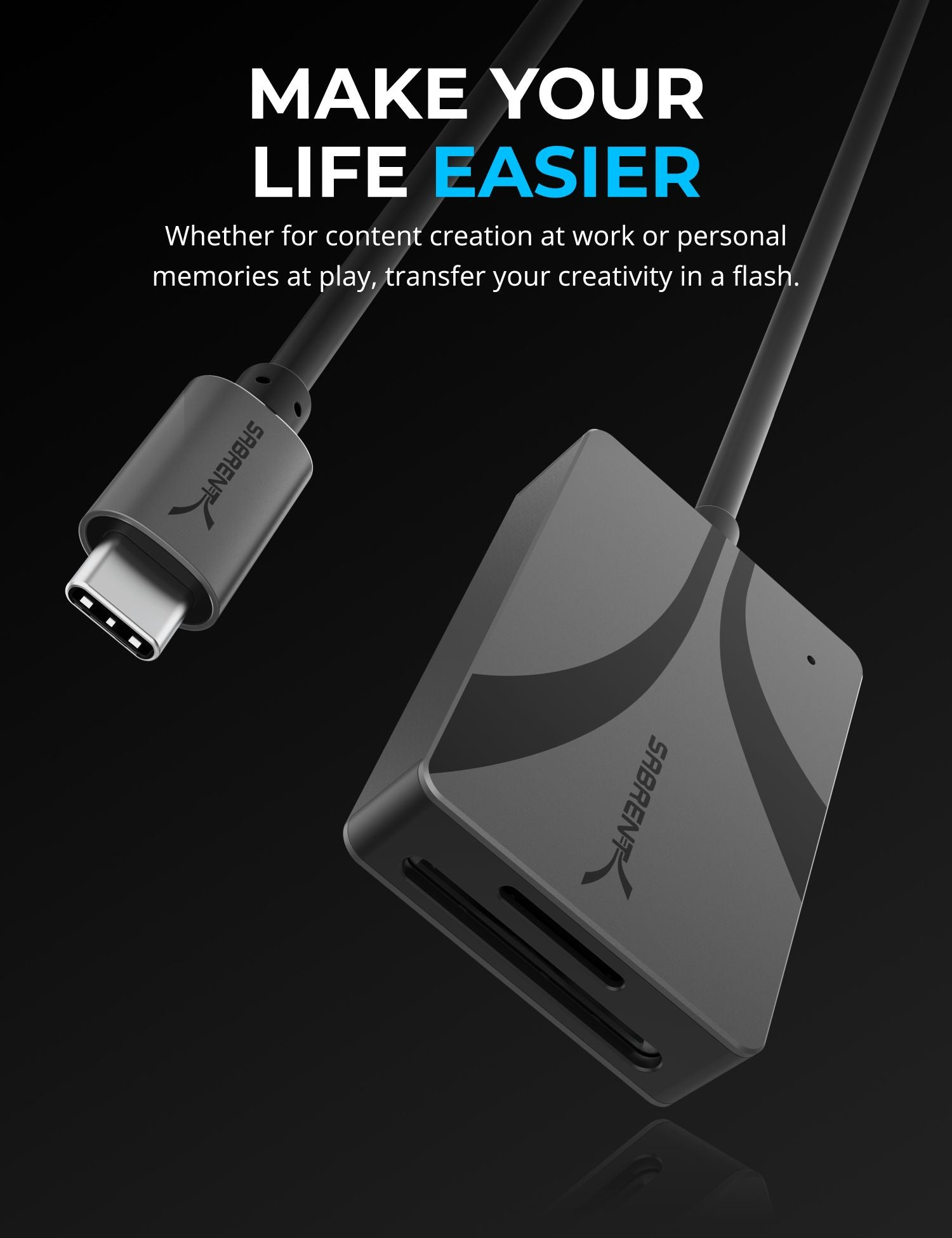 Schwarzer Kartenleser mit USB-C-Anschluss und dem Text "SABRENT". Der Hintergrund ist dunkel mit Text.