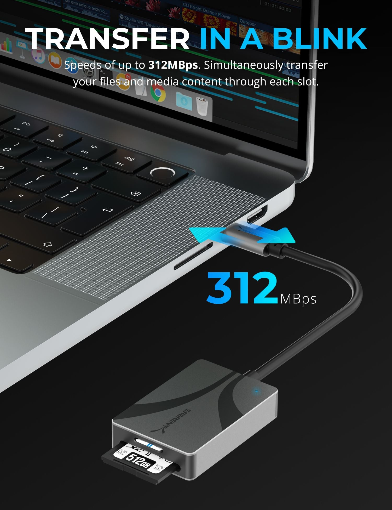 Ein Laptop mit angeschlossenem USB-Adapter, der die Datenübertragungsgeschwindigkeit in Mbit/s anzeigt.