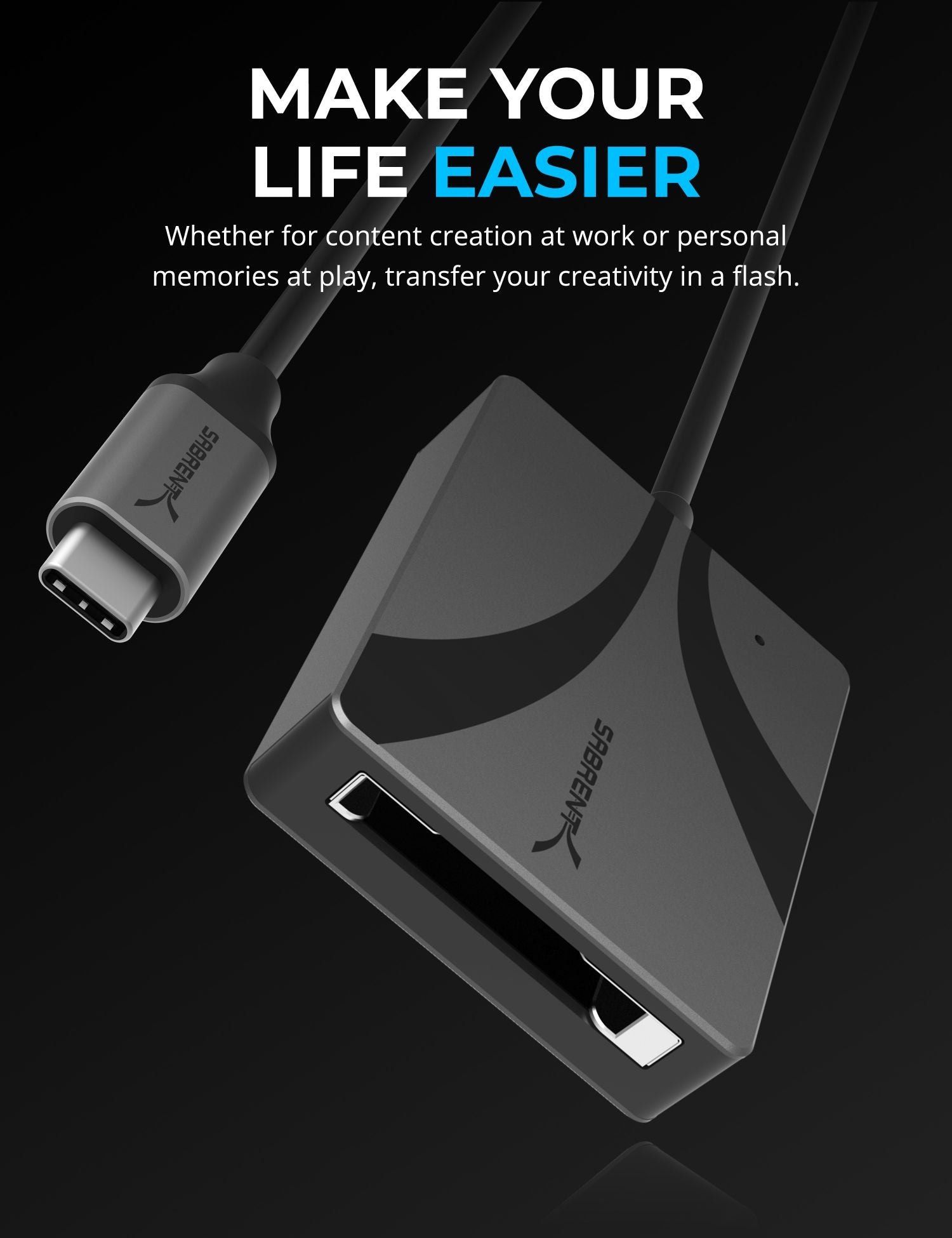 Schwarzes Kartenlesegerät mit USB-C-Kabel. Text: Machen Sie Ihr Leben einfacher.