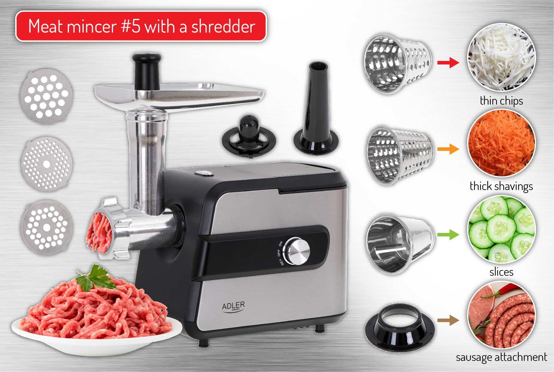 Maszynka do mielenia mięsa z przystawkami i schematem pokazującym różne wyniki.