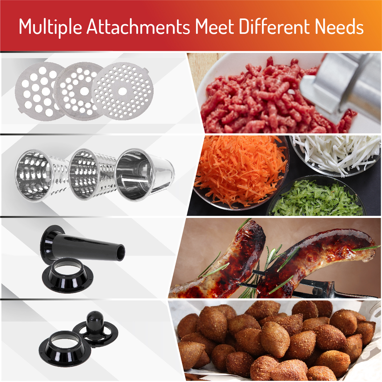 Wiele przystawek i produktów spożywczych: starte marchewki, posiekane ogórki, kiełbasa i smażone jedzenie.