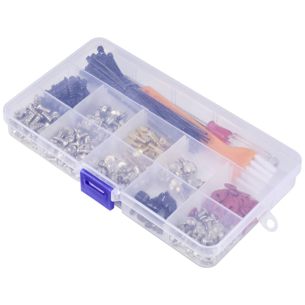 Eine transparente Plastikbox mit organisierten kleinen Hardware-Komponenten.