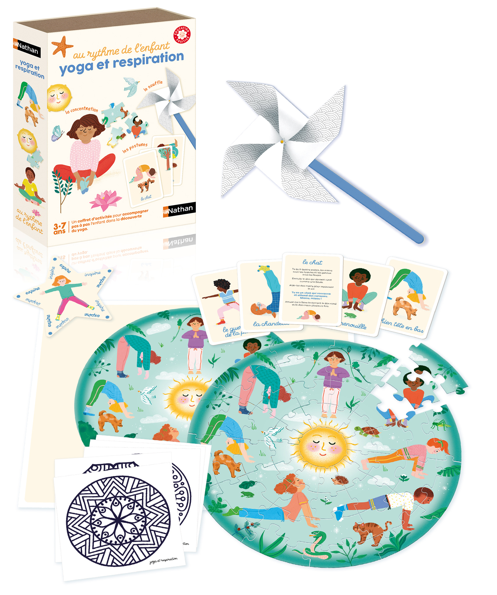 Ein Yoga- und Atmungs-Aktivitätsset für Kinder mit Puzzle, Karten und einem Windrad.
