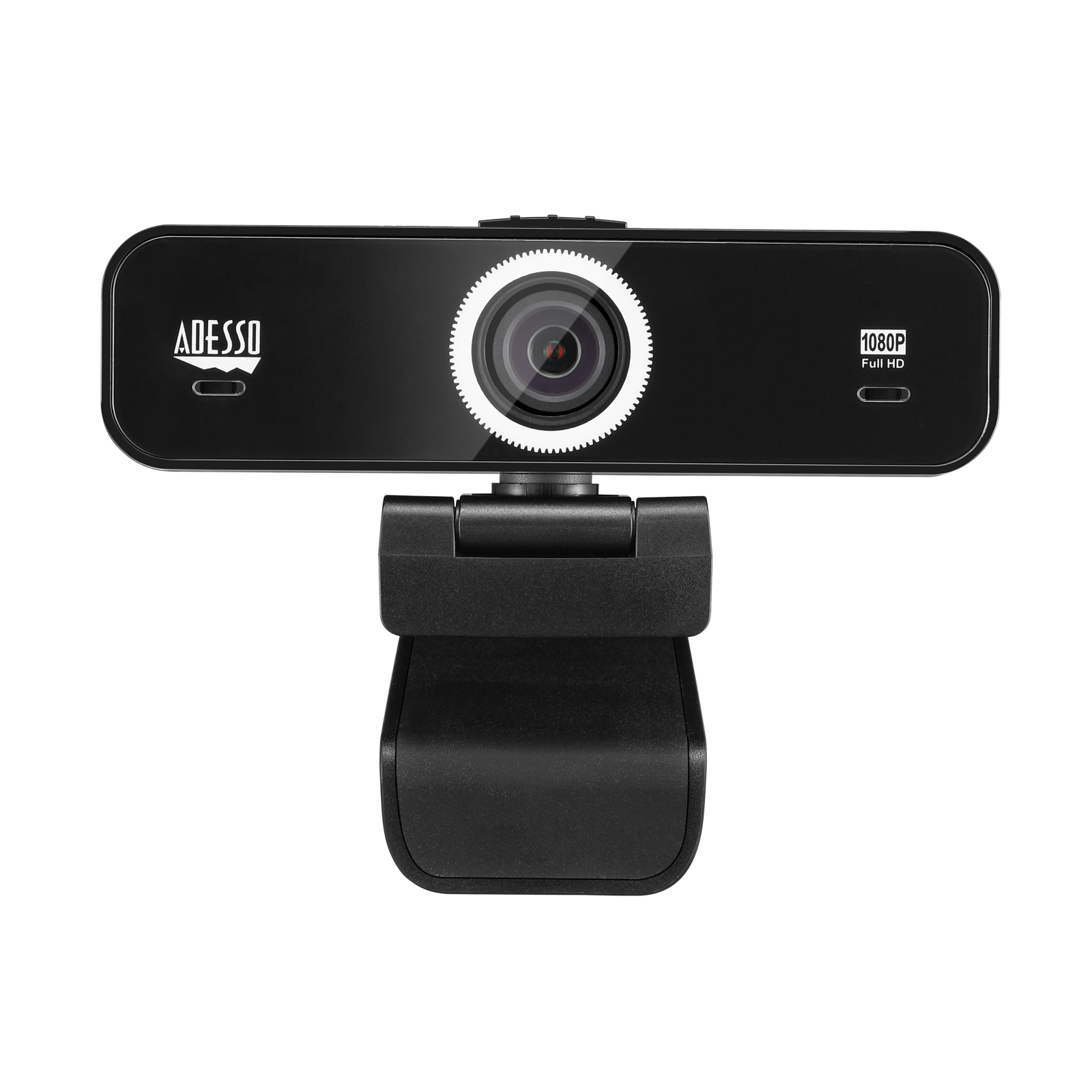 Webcam noire avec objectif, logo et texte, montée sur un clip noir ajustable.