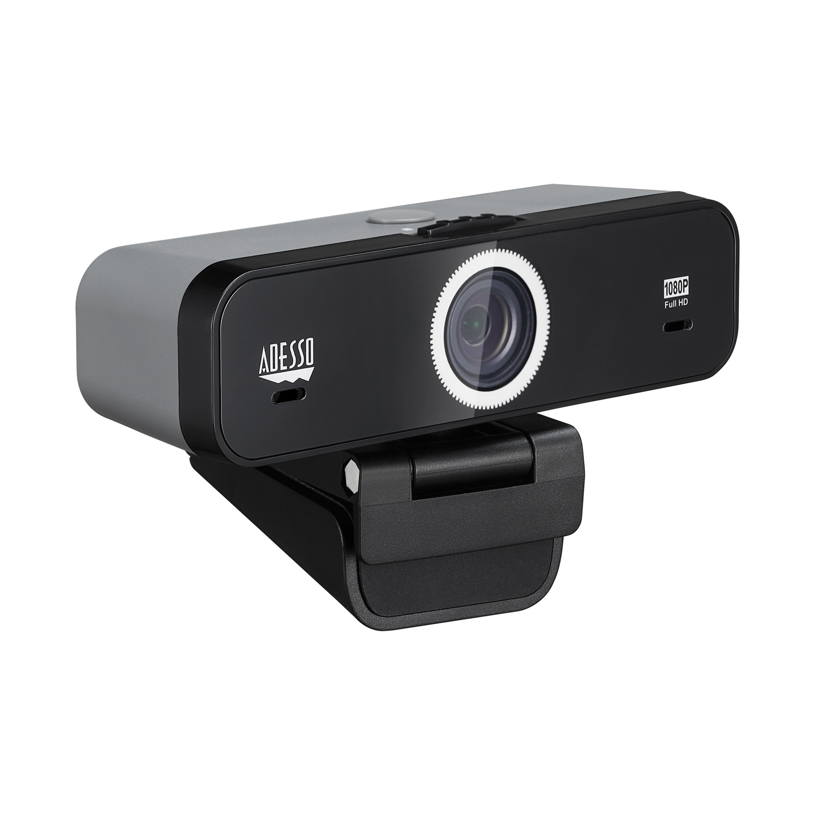 Webcam noire et grise avec la marque 'ADESSO' sur fond blanc.