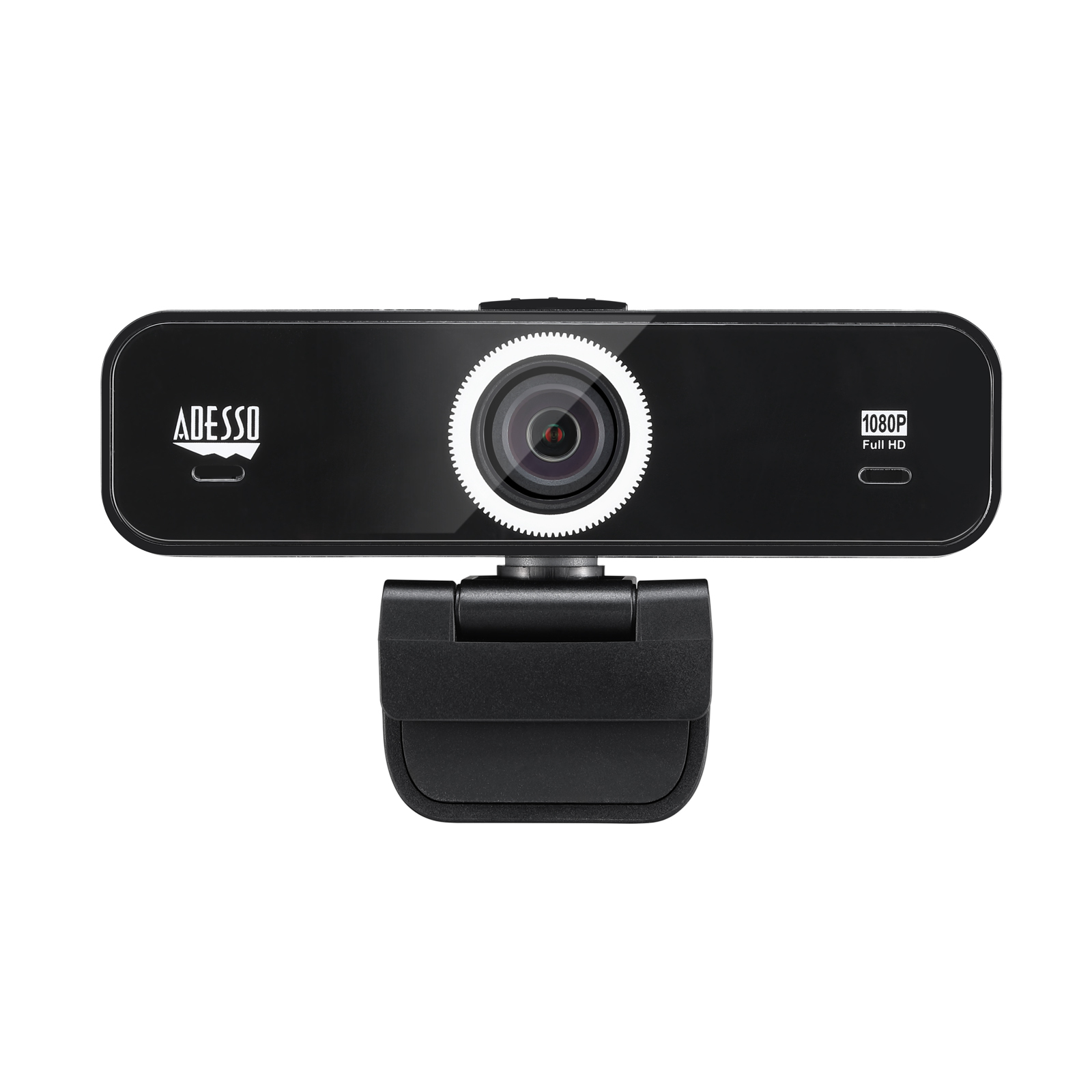 Webcam noire avec lentille et la marque 'ADESSO' sur fond blanc.