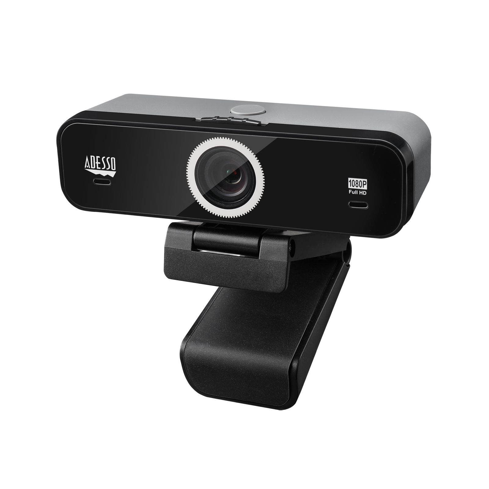 Webcam noire et grise avec la marque 'ADESSO' sur fond blanc.