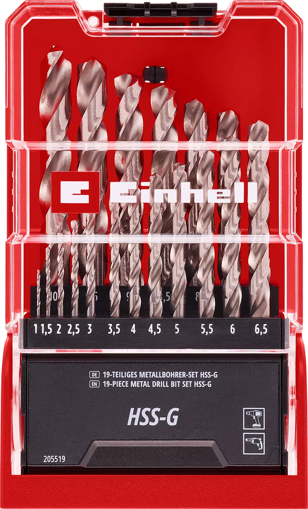 Ein rotes Bohrerset in einem transparenten Kunststoffkoffer. Unten befindet sich eine schwarze Box mit Text.