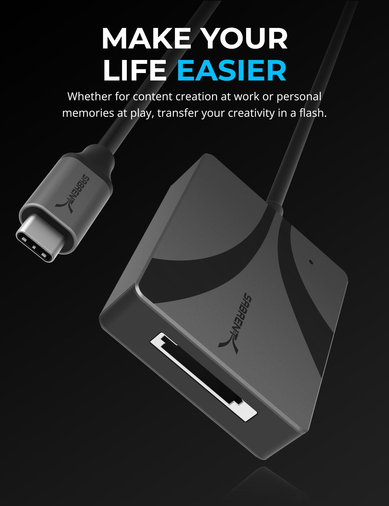Ein schwarzer Adapter mit USB-C-Anschluss. Text lautet: 'SABRENT'. Der Hintergrund ist dunkel.
