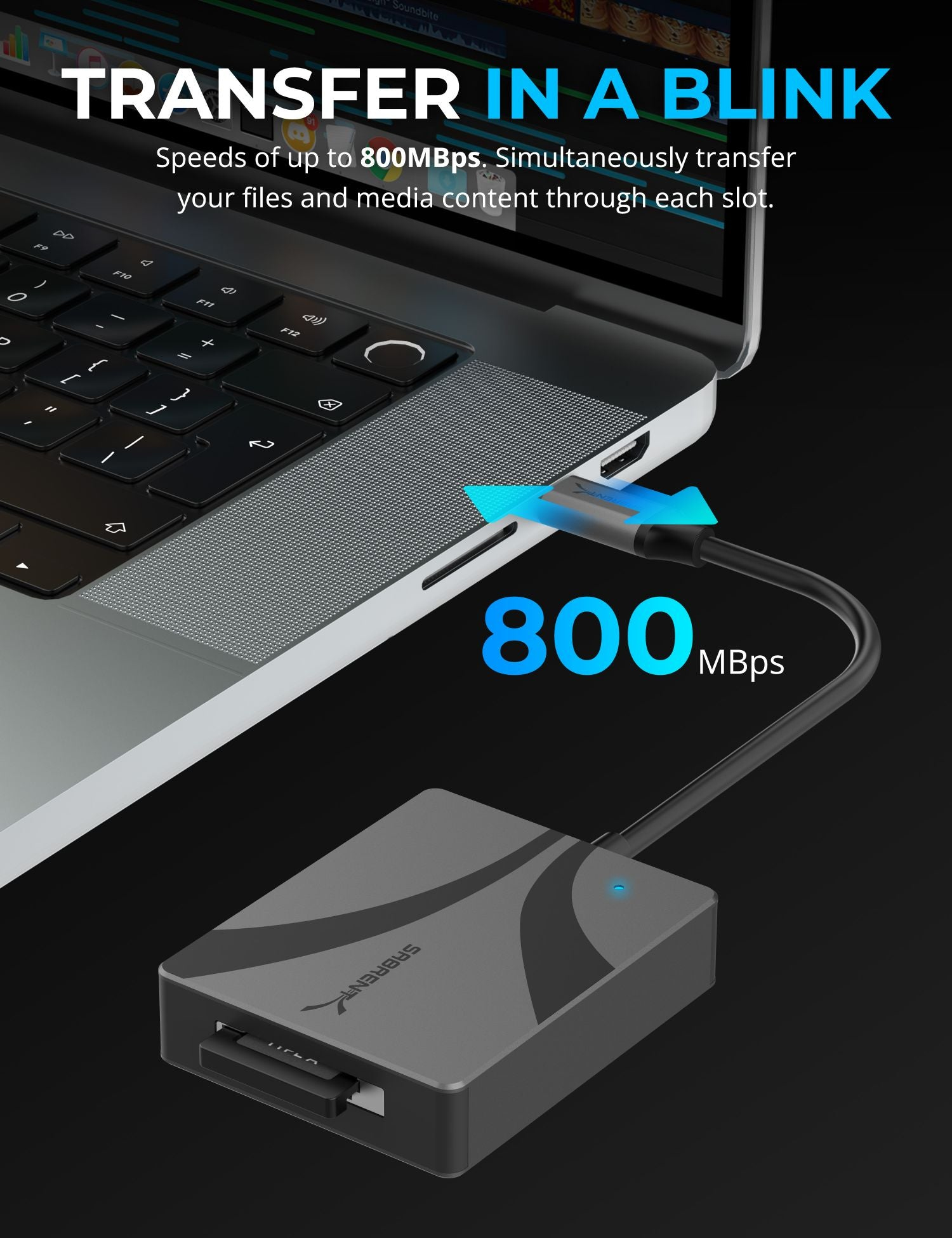 Laptop mit Kartenleser über ein Kabel verbunden. Text sagt, dass die Übertragungsgeschwindigkeiten bis zu 800 Mbit/s betragen.