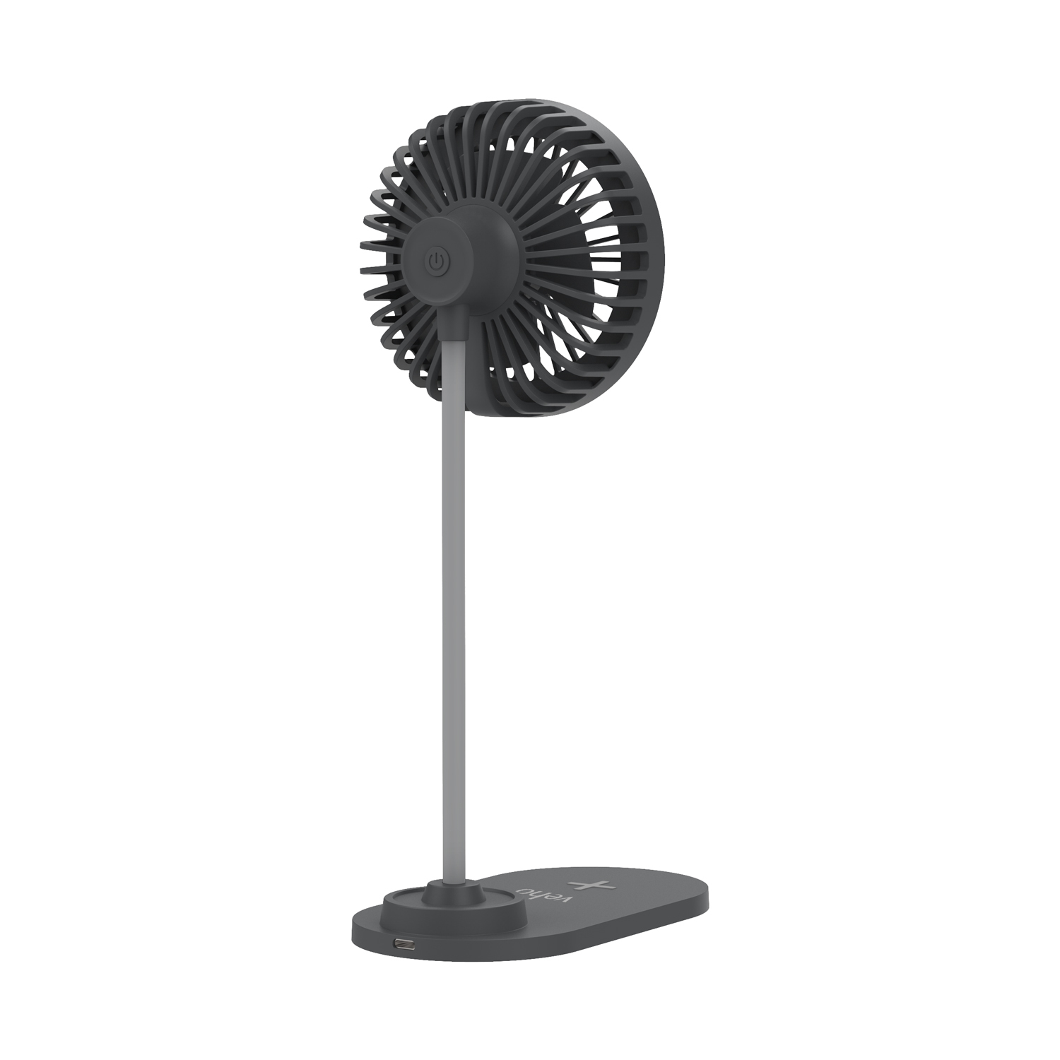 Ventilatore da scrivania grigio con testa circolare su supporto. La base è ovale.
