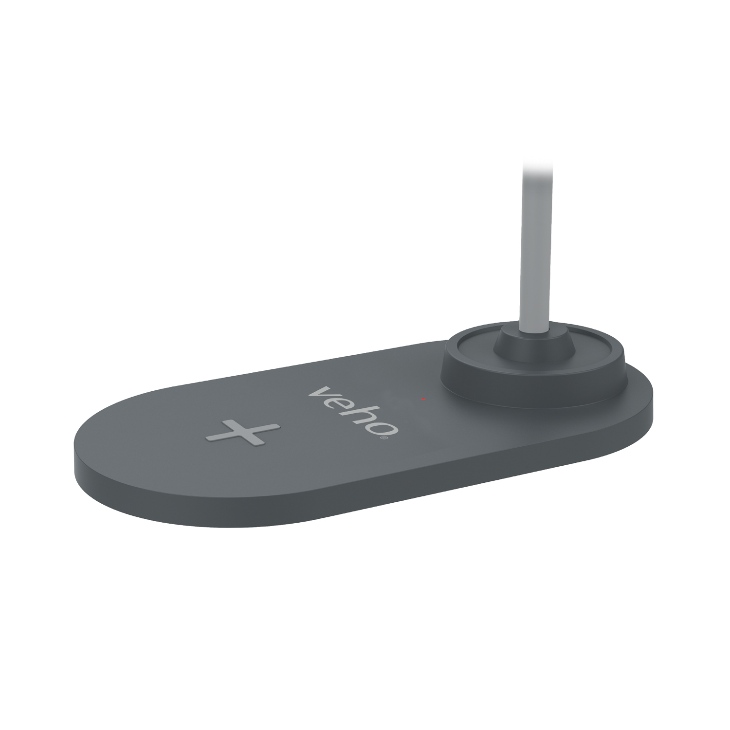Base grigio scuro, ovale, con piccolo supporto. Ha un segno più e la parola 'veho'.