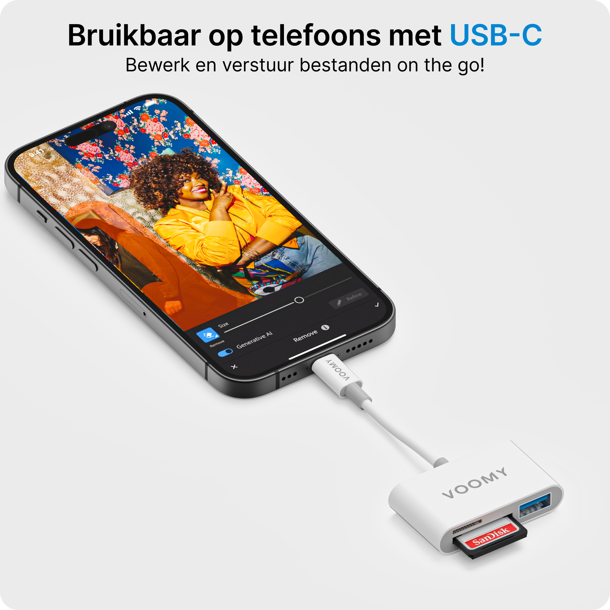 Telefon z aplikacją do edycji zdjęć podłączony do czytnika kart.