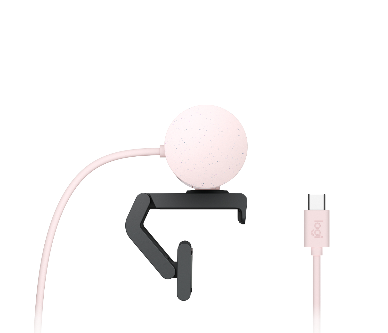 Różowa i biała kamera internetowa Logitech oraz różowy kabel z wtyczką USB-C. Czarna podstawa.