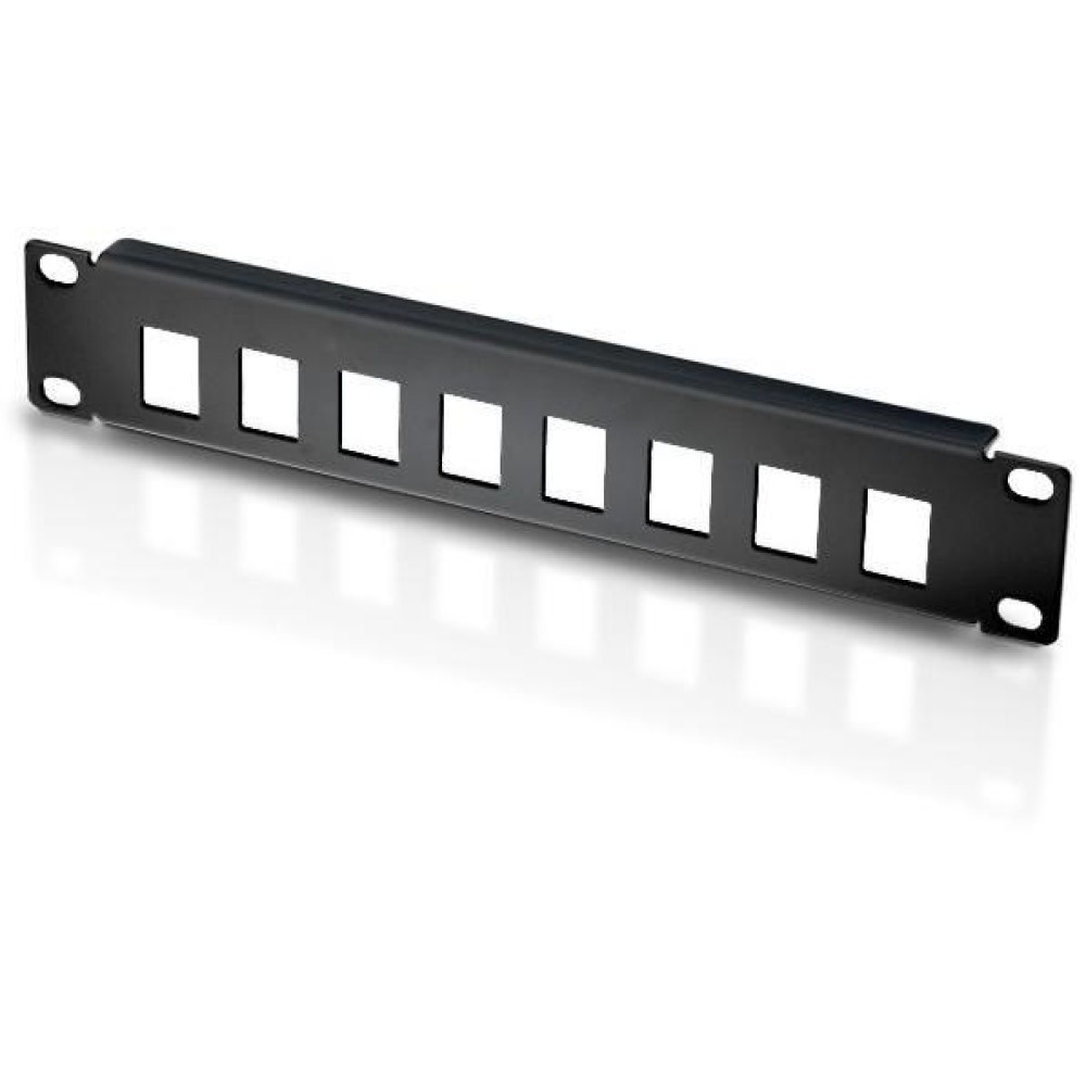 Supporto rack in metallo nero con 8 ritagli quadrati. Per dispositivi di rete, design pulito.